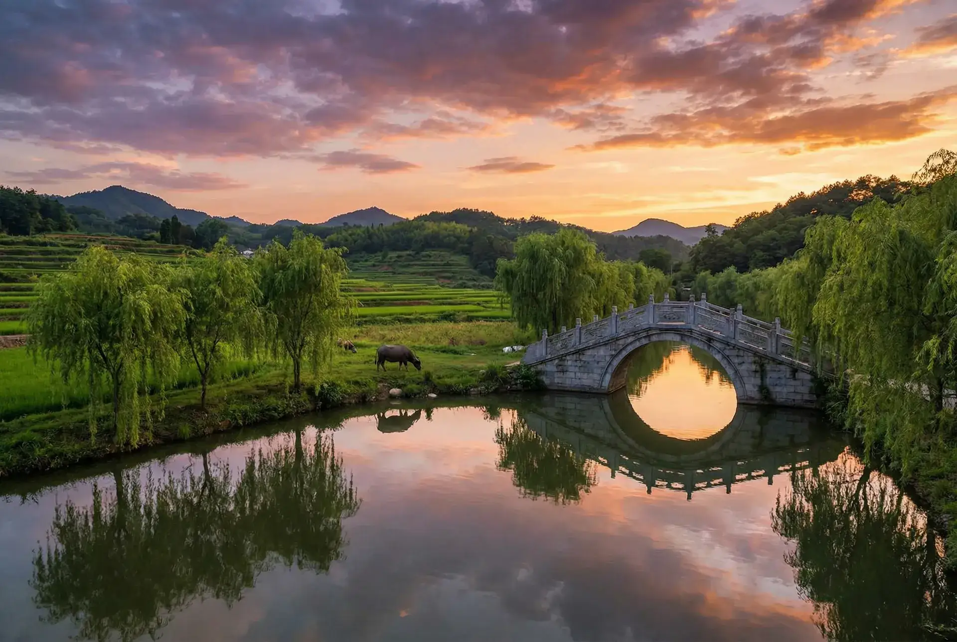 夕阳下的石拱桥与垂柳，水牛在河边吃草 - 蜜芽跳转接口点击进入 乡村美景