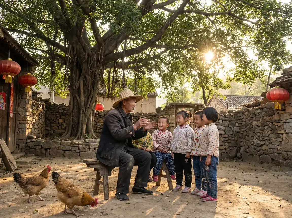 老人在大榕树下给孩子们讲故事 - 蜜芽跳转接口点击进入 乡村记忆